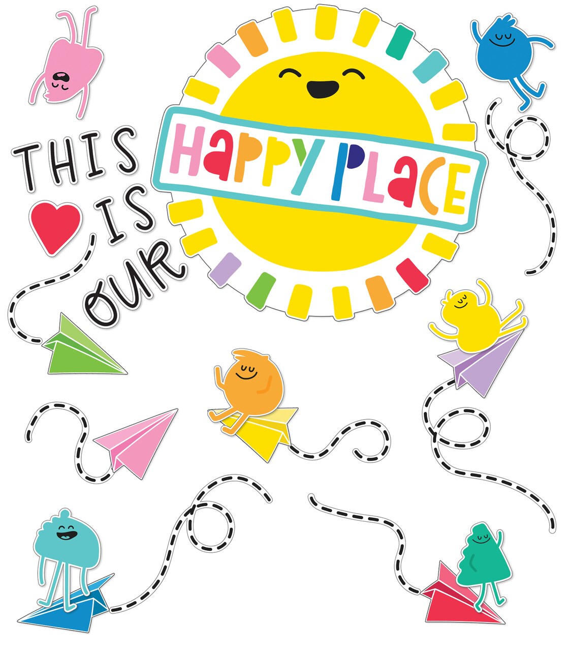 Carson Dellosa This is Our Happy Place Bulletin Board Set, Rainbow Classroom Decorations With Heart and Paper Airplane Bulletin Board Cutouts for Wall Decor, Colorful Classroom Decor (58 pc)